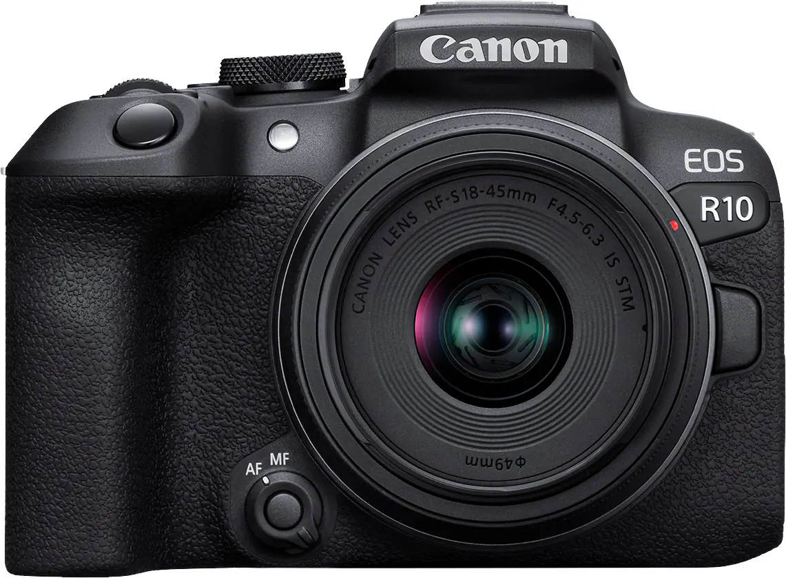 Front. Canon - EOS R10 Mirrorless Camera with RF-S 18-45 f/4.5-6.3 IS STM Lens - Black.