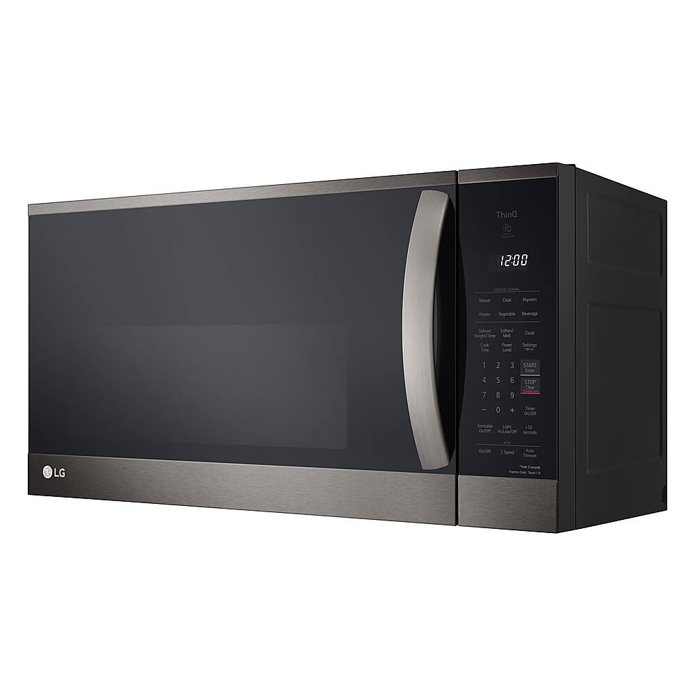 Left. LG - 1.8 Cu. Ft. Over-the-Range Microwave with Sensor Cooking and EasyClean - PrintProof Black Stainless Steel.
