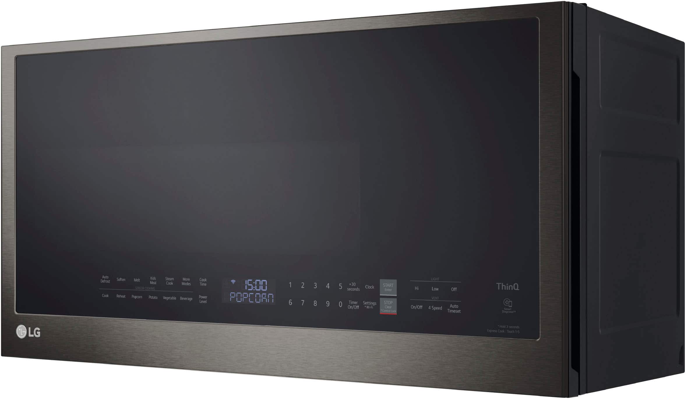 Left. LG - 2.0 Cu. Ft. Over-the-Range Microwave with Sensor Cooking and EasyClean - PrintProof Black Stainless Steel.