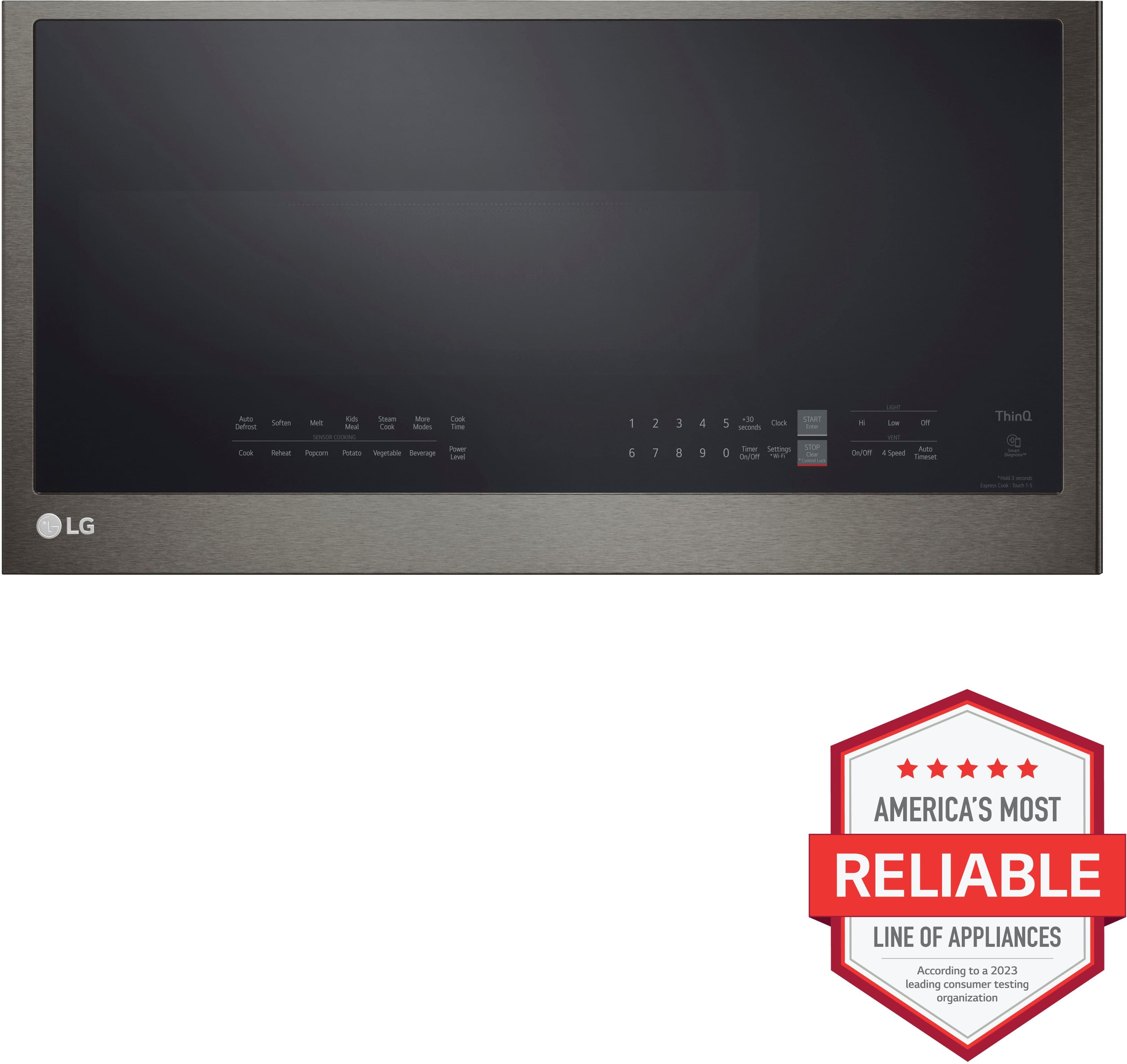 The image features a black LG microwave oven, which is known for its reliability. The microwave is displayed in a white background, and the LG logo is prominently visible. The microwave is described as being "America's most reliable line of appliances" according to a 2023 reading consumer organization. This suggests that the LG microwave is highly trusted and dependable, making it a popular choice for consumers.