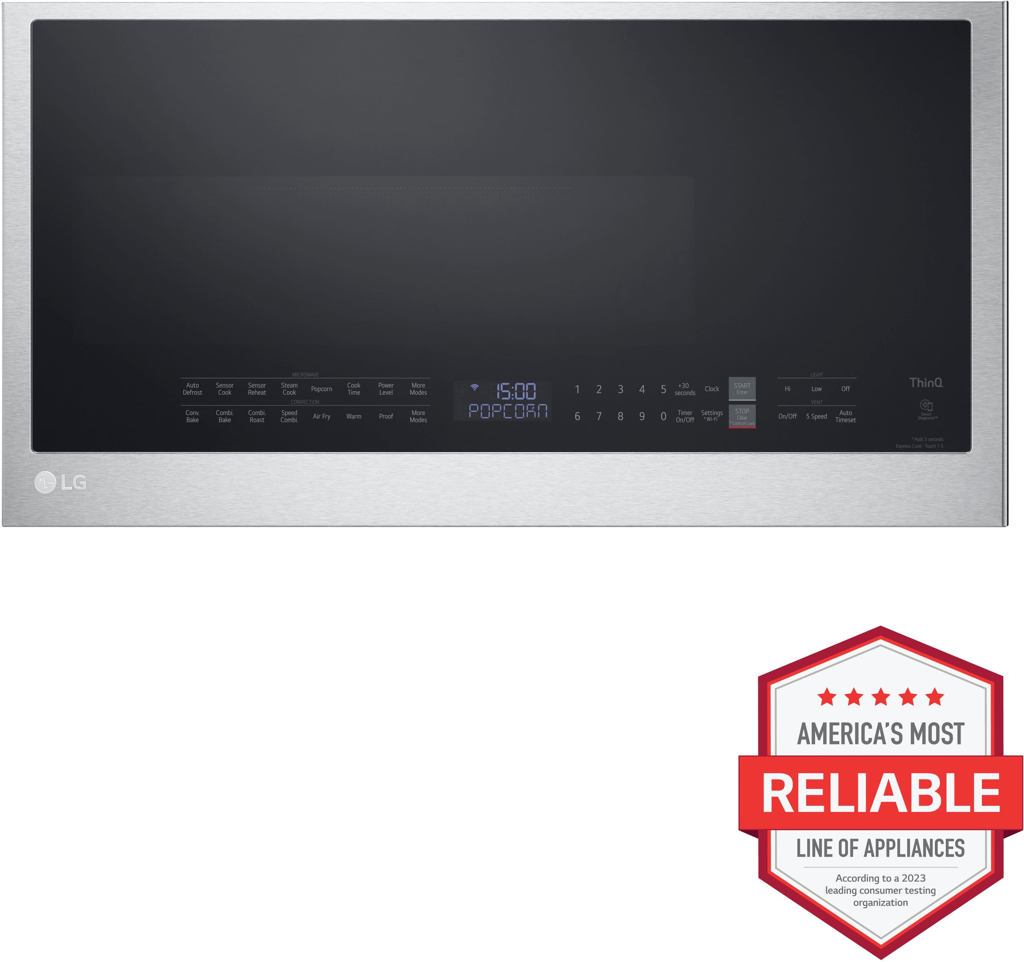 The image features a silver microwave oven with a black screen. The microwave has a digital display and a control panel with buttons. It is a large appliance and is likely designed for efficient cooking and heating tasks. The microwave is part of the LG brand, which is known for its reliability and quality.