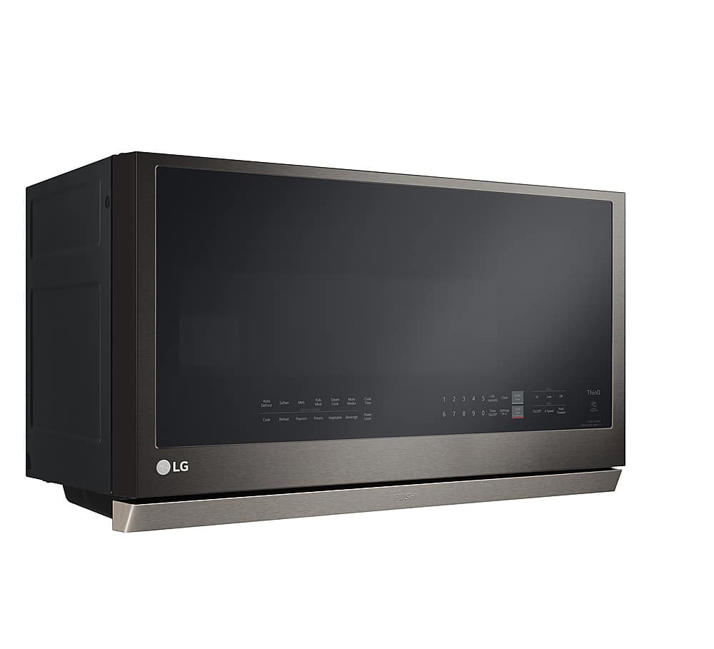 Left. LG - 2.1 Cu. Ft. Over-the-Range Smart Microwave with Sensor Cooking and ExtendaVent 2.0 - PrintProof Black Stainless Steel.
