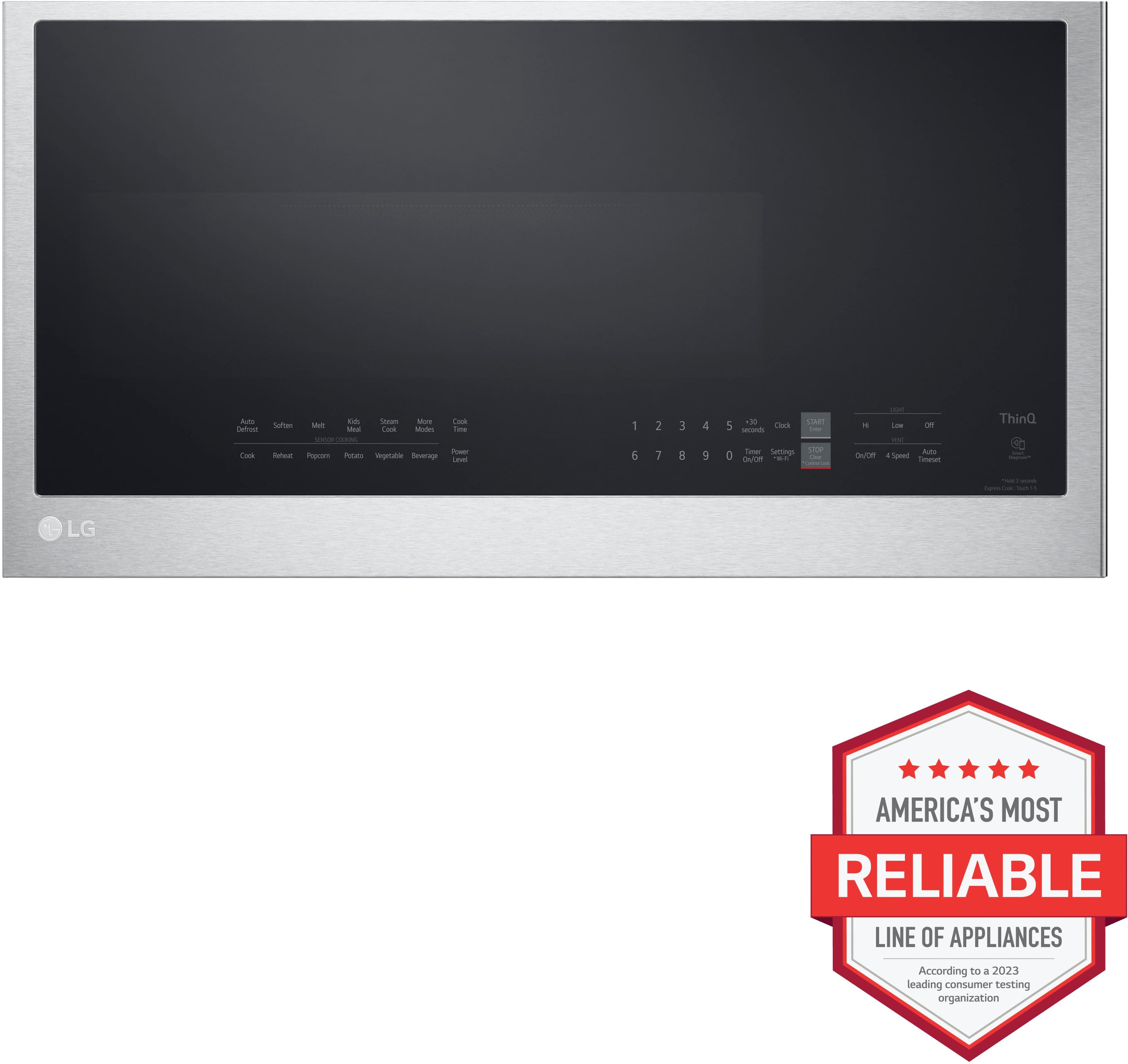 The image features a silver LG microwave oven with a black screen. The microwave is placed on a white background, and it appears to be a modern and sleek appliance. The LG brand is known for its reliability, as indicated by the company's reputation as America's most reliable line of appliances. This microwave is likely to be a high-quality and dependable product for users.