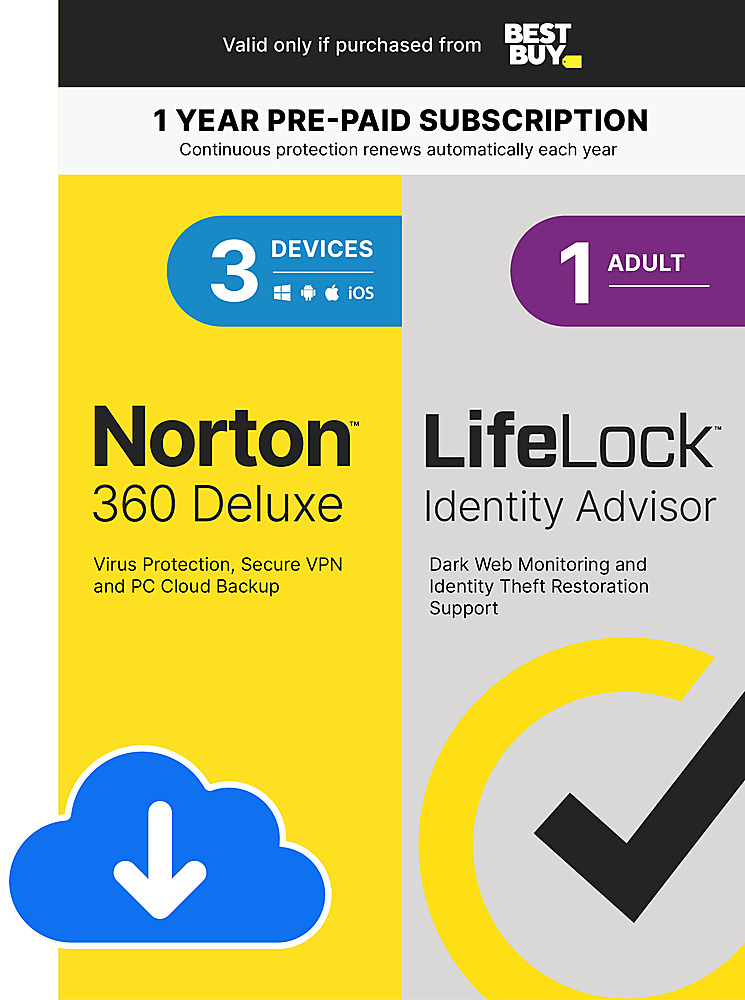 Norton 360 Deluxe (3 Device) with LifeLock Identity Advisor (1 Adult)  Internet Security Software + VPN (1 Year subscription) Android, Apple iOS,  Mac OS, Windows [Digital] SYC940800V001 - Best Buy