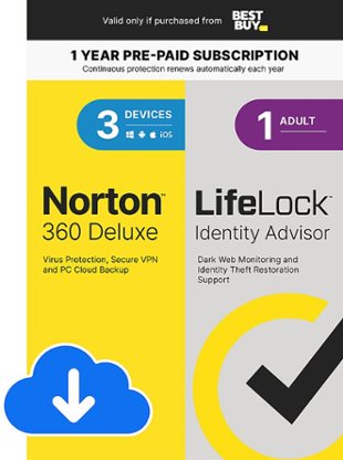 Norton - 360 Deluxe (3 Device) with LifeLock Identity Advisor (1 Adult) Internet Security Software + VPN (1 Year subscription) - Android, Apple iOS, Mac OS, Windows [Digital]
