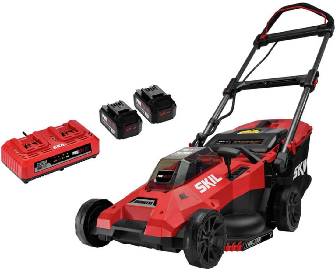 Angle. Skil - 20-Volt PWR CORE 20 18-Inch Push Lawn Mower (2 x 4.0Ah Batteries and 1 x Dual Port Charger) - Red/Black.