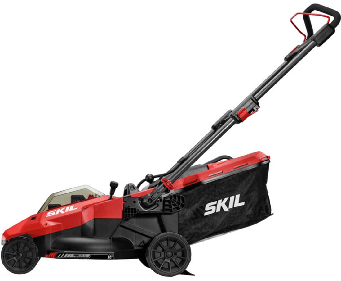 Left. Skil - 20-Volt PWR CORE 20 18-Inch Push Lawn Mower (2 x 4.0Ah Batteries and 1 x Dual Port Charger) - Red/Black.