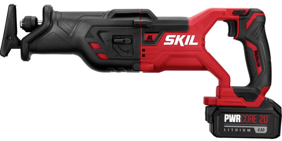 Back View: Skil - PWR CORE 20 Brushless 20V 4-Tool Kit: Drill Driver, Reciprocating Saw, Circular Saw and LED Light - Red/Black