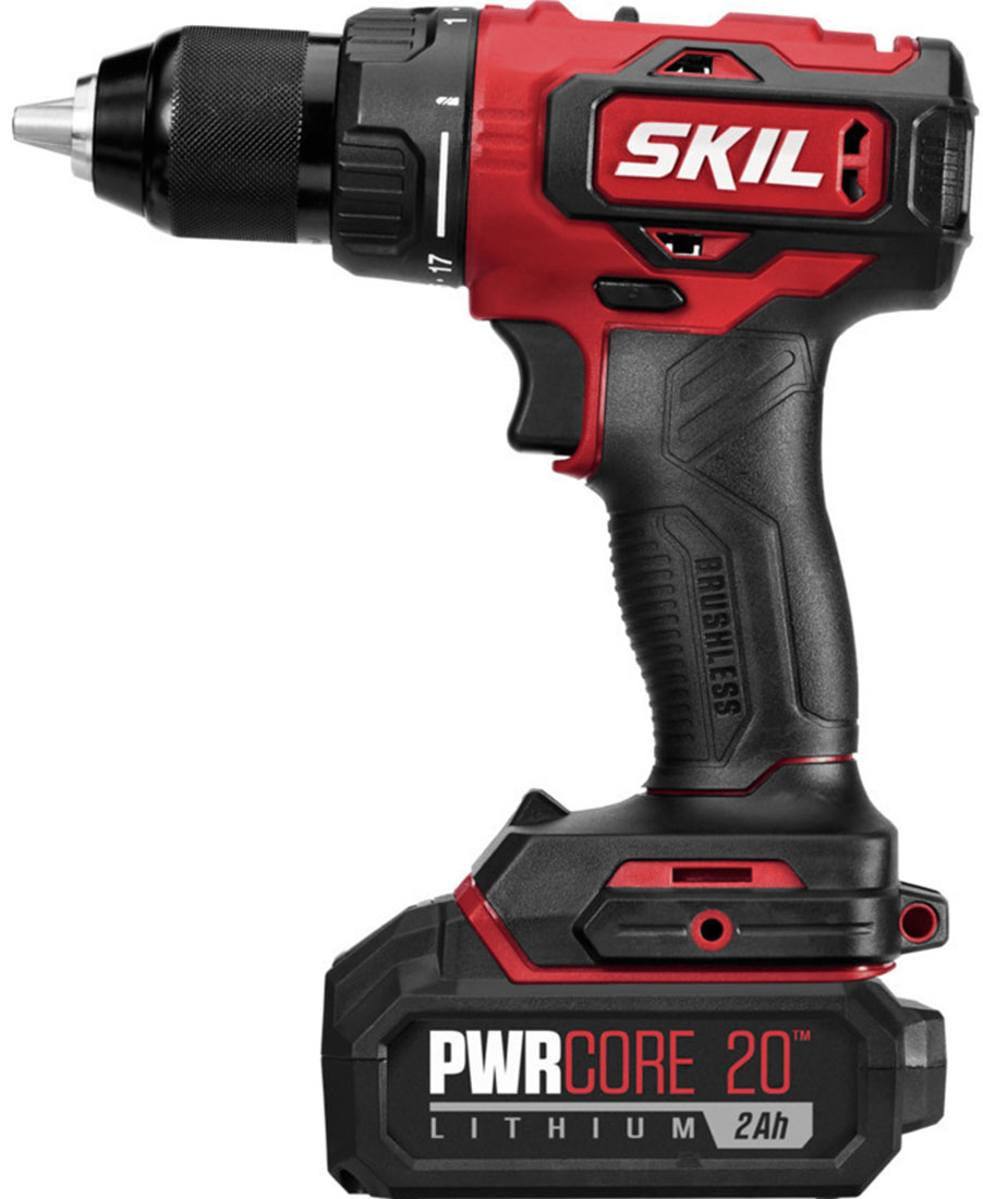 Left View: Skil - PWR CORE 20 Brushless 20V 4-Tool Kit: Drill Driver, Reciprocating Saw, Circular Saw and LED Light - Red/Black