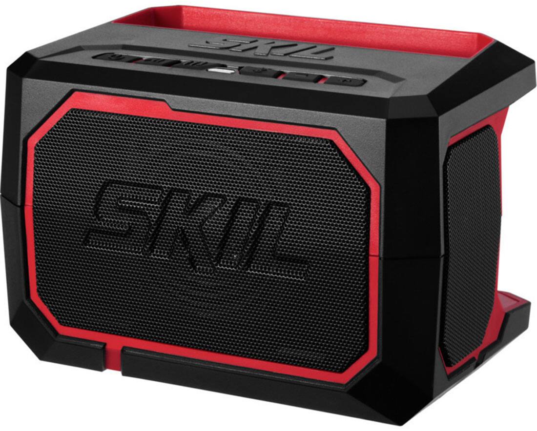 Left. Skil - PWR CORE 20V Portable Bluetooth Speaker with USB port, phone cradle, and auxiliary input - Red/Black.