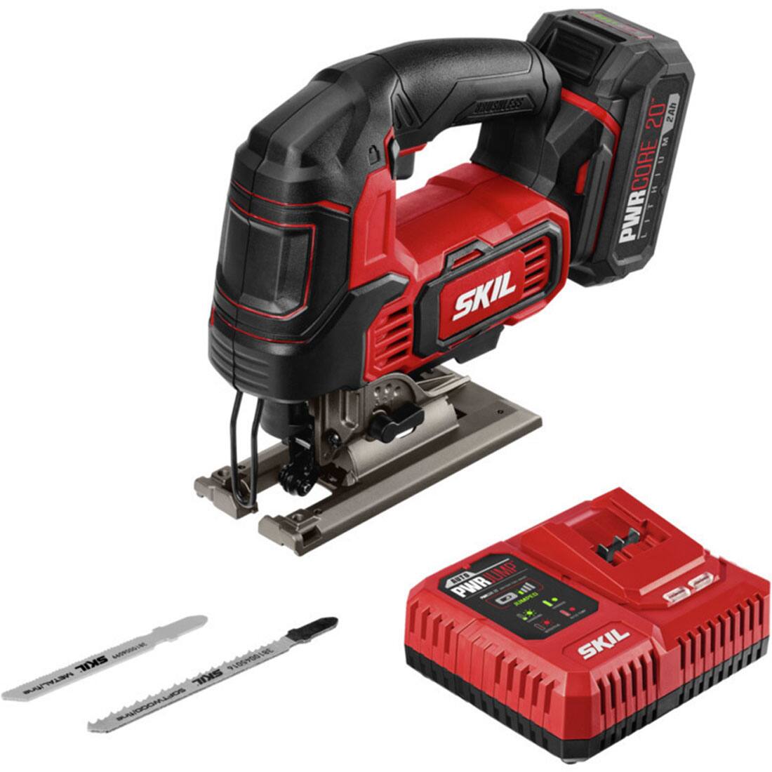 Angle. Skil - PWR CORE 20 Brushless 20V Jigsaw Kit with Battery and PWR JUMP Charger - Red.