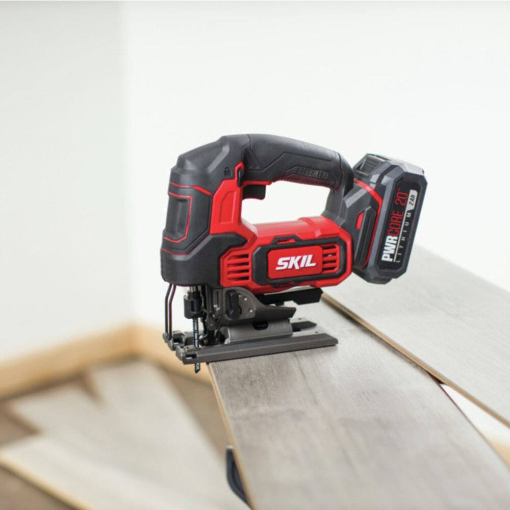 Left. Skil - PWR CORE 20 Brushless 20V Jigsaw Kit with Battery and PWR JUMP Charger - Red.