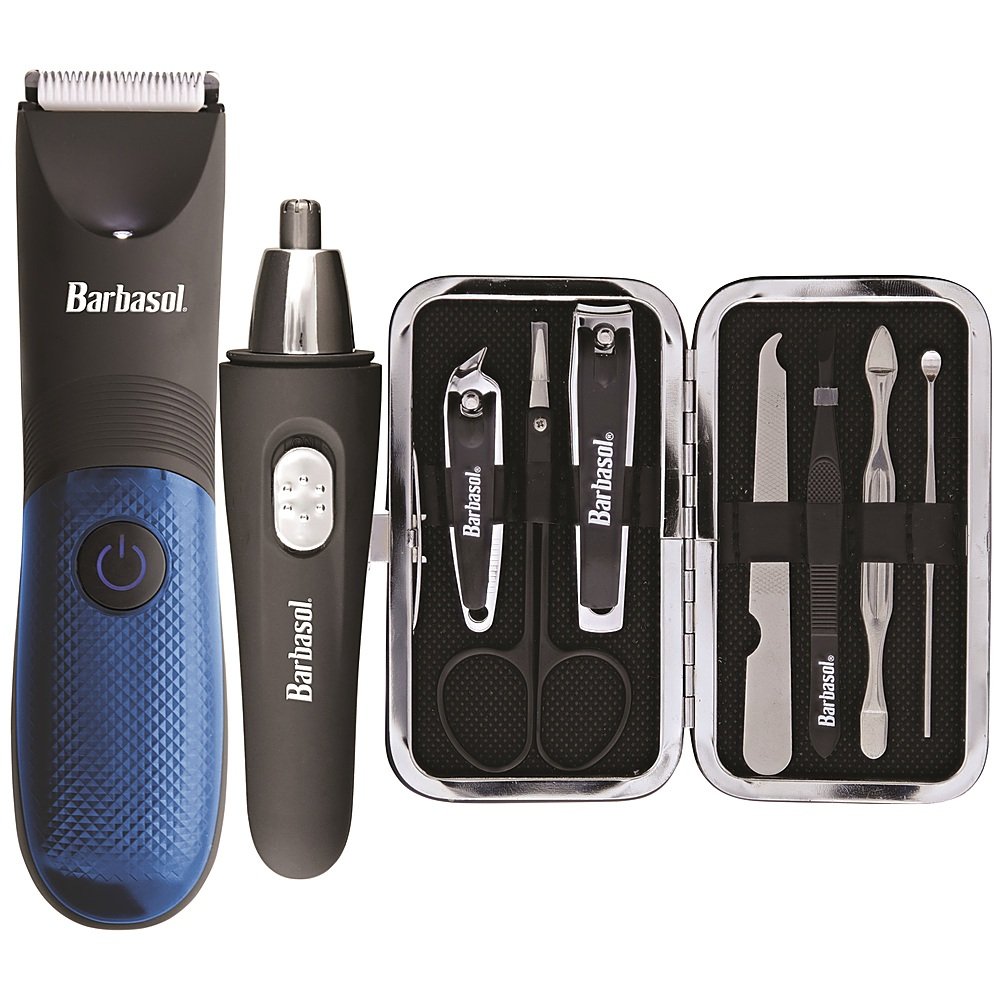 Angle View: All-In-One Body Grooming Kit by Barbasol for Men - 8 Pc Ear and Nose Trimmer With Light, Body Hair Trimmer, Guide Comb, 2 Cuticle Pushers, 2 Nail Clippers, Nail File, Scissors, Tweezers, Plastic Stand
