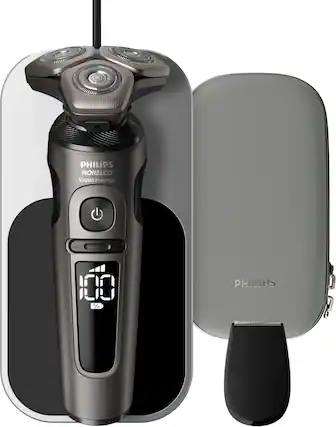 Angle. Philips Norelco - 9000 Prestige Shaver with Qi Charging Pad and Premium Case - Black.