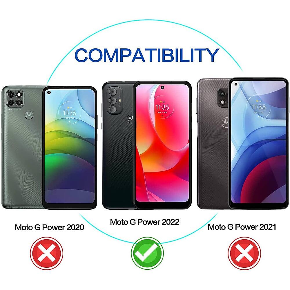 The image features four different colored cell phones, each with a different design. The phones are labeled "Moto G Power 2020," "Moto G Power 2021," "Moto G Power 2022," and "Moto G Power 2023." The image also includes a "Compatibility" label, indicating that these phones are compatible with each other.