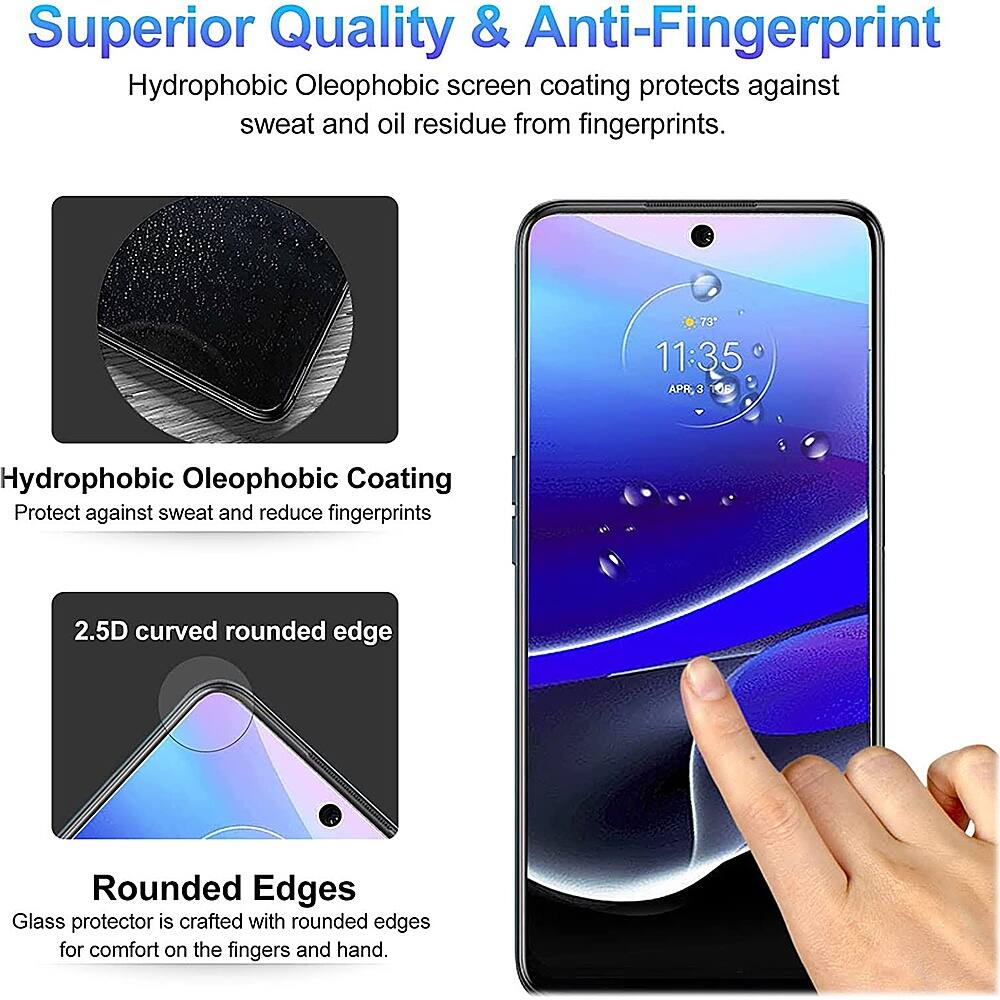 The image features a person's hand pressing a button on a cell phone, which is protected by a hydrophobic oleophobic screen coating. This coating provides superior quality and anti-fingerprint protection, preventing sweat and oil residue from fingerprints. The cell phone also has rounded edges, which offer comfort when holding the device.