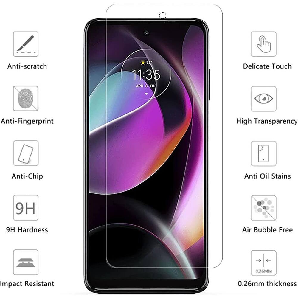 The image features a cell phone with a screen protector on it. The screen protector has various features listed, including Anti-scratch, Delicate Touch, Anti-Fingerprint, High Transparency, Anti-Chip, Anti Oil Stains, 9H 9H Hardness, Air Bubble Free, and Impact Resistant. The screen protector is also described as having a 0.26mm thickness.