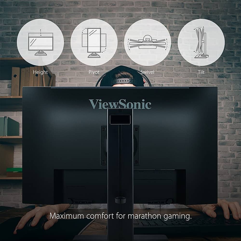 The image features a ViewSonic computer monitor sitting on a desk. The monitor is accompanied by a keyboard and a mouse. The monitor is described as having a pivot, swivel, and tilt feature, which provides maximum comfort for marathon gaming sessions. The ViewSonic brand is prominently displayed on the monitor, emphasizing its quality and features.