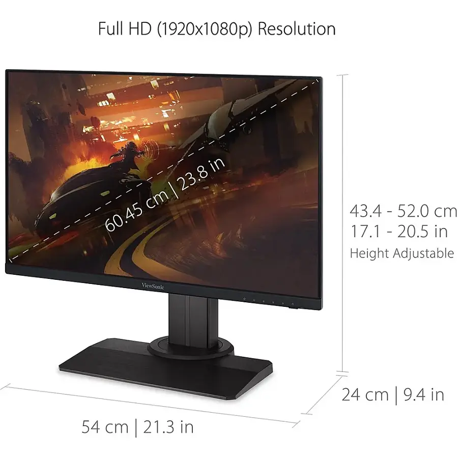 The image features a ViewSonic computer monitor with a Full HD (1920x1080p) resolution. The monitor is 23.8 cm (60.45 inches) in size and has a height adjustable feature. The dimensions of the monitor are 54 cm (21.3 inches) in width and 24 cm (9.4 inches) in height.