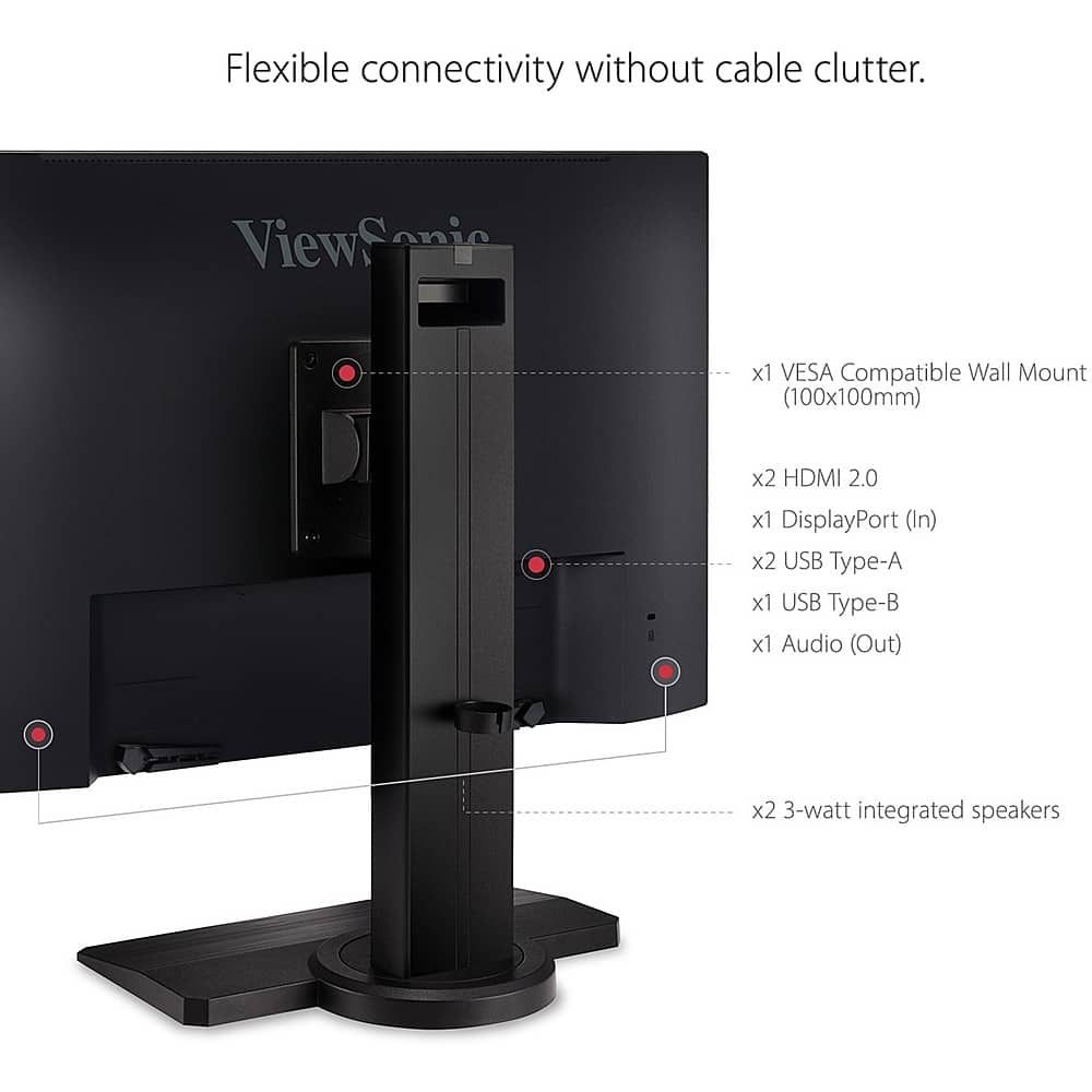 The View Sonic monitor is designed with flexible connectivity without cable clutter. It features a VESA compatible wall mount (100x100mm) and comes with two HDMI 2.0 ports, one DisplayPort (In) port, two USB Type-A ports, and one USB Type-B port. Additionally, it has an audio (Out) port and two 3-watt integrated speakers.