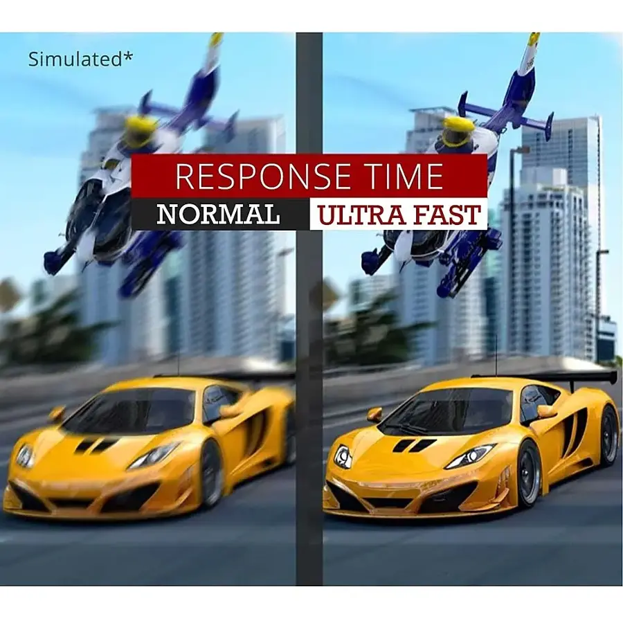 The image features a yellow sports car racing down a street, with a motorcycle in the air nearby. The scene is described as a simulated response time, with the car and motorcycle moving at different speeds. The car is moving at a normal speed, while the motorcycle is moving at an ultra fast speed. The image captures the dynamic interaction between the car and the motorcycle, showcasing their respective speeds and the thrilling nature of the race.