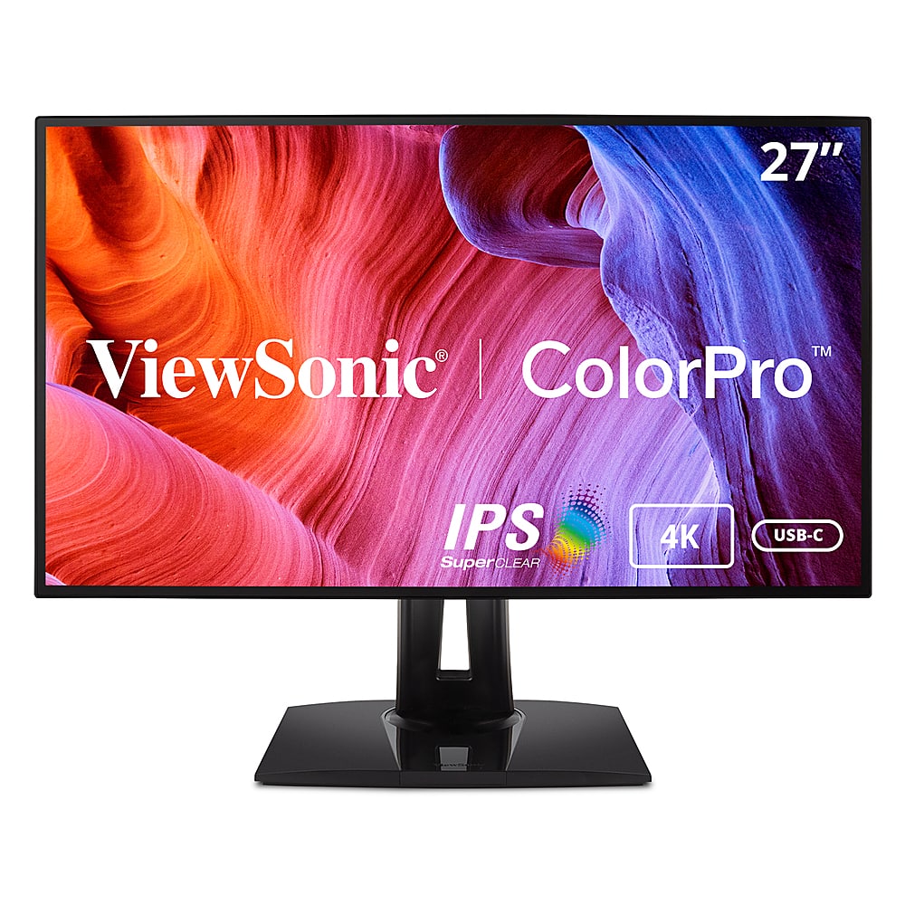 The image features a large 27" ViewSonic monitor with a ColorPro IPS SuperCLEAR 4K USB-C display. The monitor is prominently displayed in the image, showcasing its impressive size and high-quality resolution.