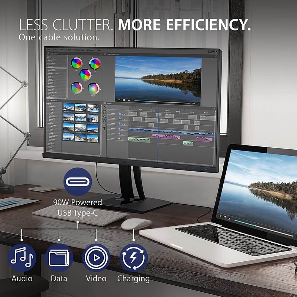The image features a laptop and a large monitor on a desk, with the laptop connected to the monitor. The laptop is powered by a USB Type-C cable, which also provides audio, data, and video capabilities. This setup promotes a less cluttered and more efficient workspace.