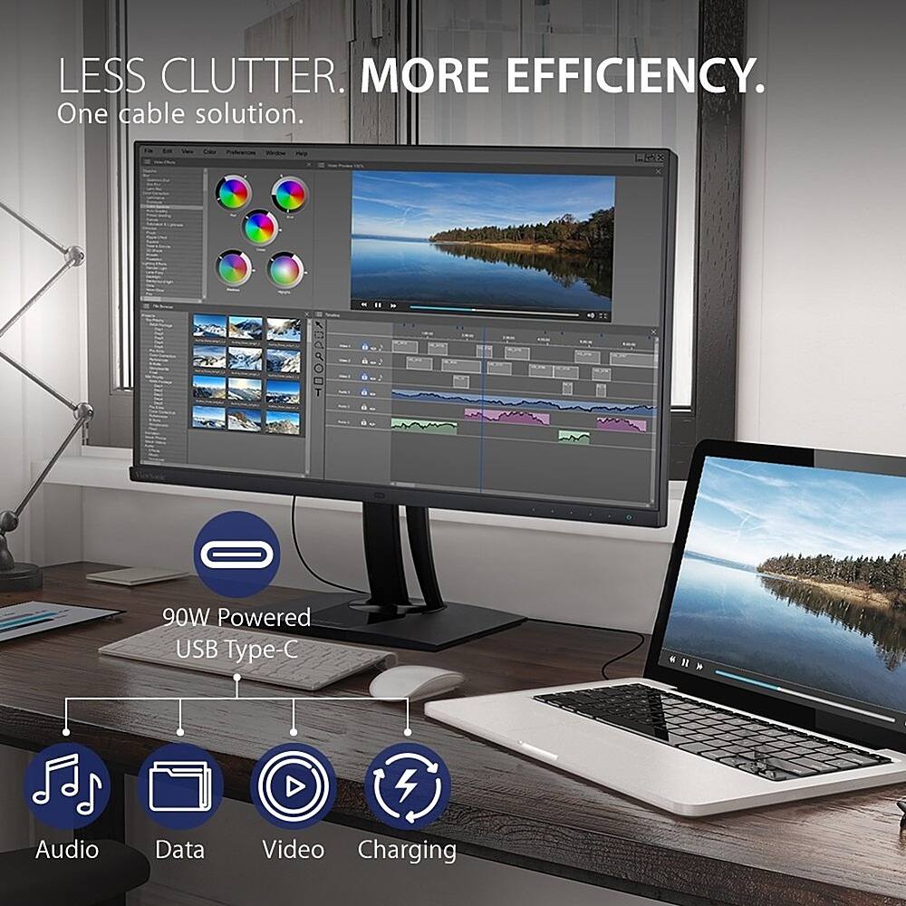 The image features a laptop and a large monitor on a desk, with the laptop connected to the monitor. The laptop is powered by a USB Type-C cable, which also provides audio, data, and video capabilities. This setup promotes a less cluttered and more efficient workspace.
