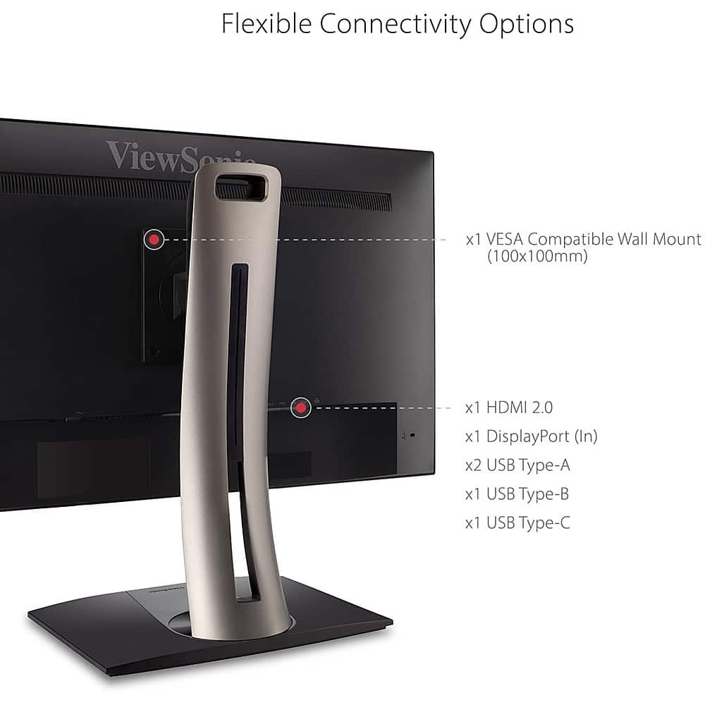 The image features a ViewSonic monitor with a flexible stand that allows for various connectivity options. The monitor has a VESA compatible wall mount, which can be adjusted to fit a 100x100mm space. It also has one HDMI 2.0 port, two DisplayPort (In) ports, and three USB ports: one Type-A, one Type-B, and one Type-C.