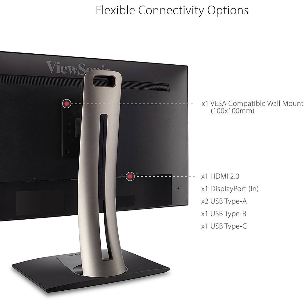 The image features a ViewSonic monitor with a flexible stand that allows for various connectivity options. The monitor has a VESA compatible wall mount, which can be adjusted to fit a 100x100mm space. It also has one HDMI 2.0 port, two DisplayPort (In) ports, and three USB ports: one Type-A, one Type-B, and one Type-C.