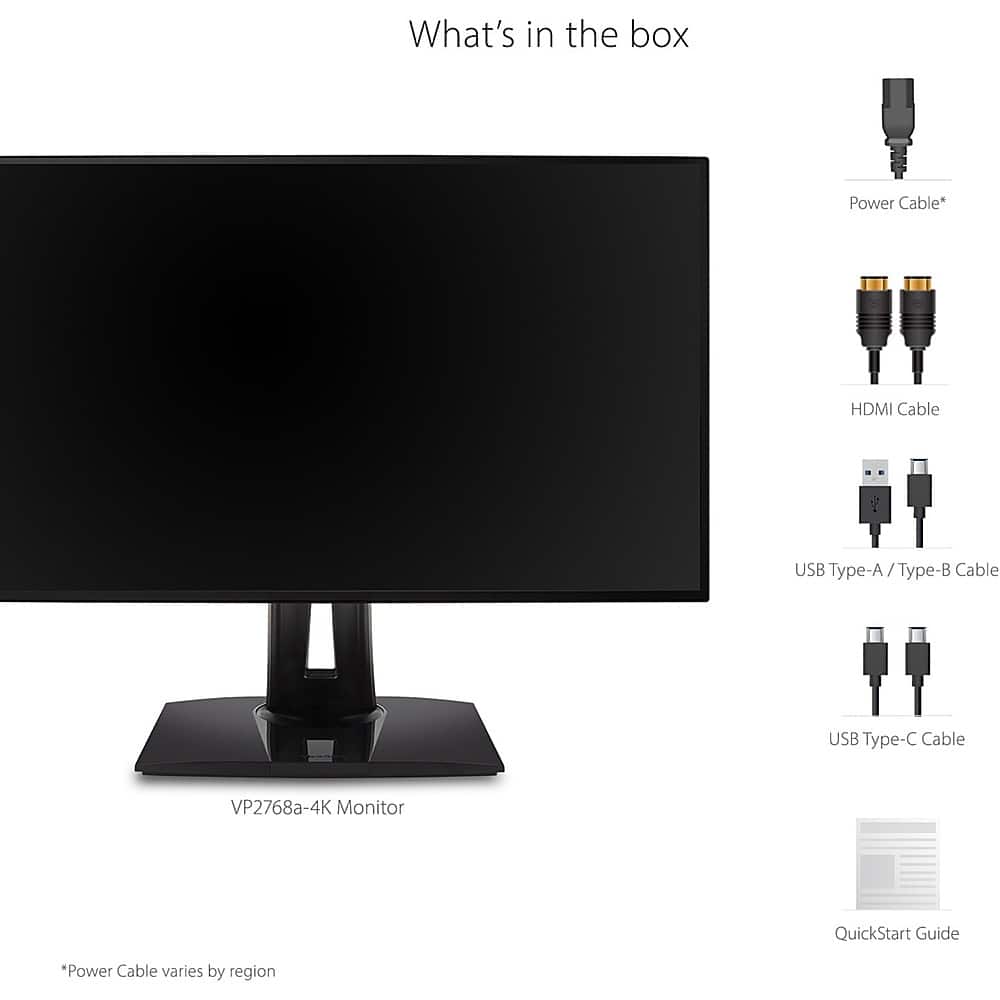The image features a black computer monitor with a white background. The monitor is accompanied by a list of accessories, including a power cable, HDMI cable, USB Type-A/Type-B cable, USB Type-C cable, and a QuickStart Guide. The image also includes a description of the product, which is a VP2768a-4K Monitor. The text suggests that the power cable may vary depending on the region.