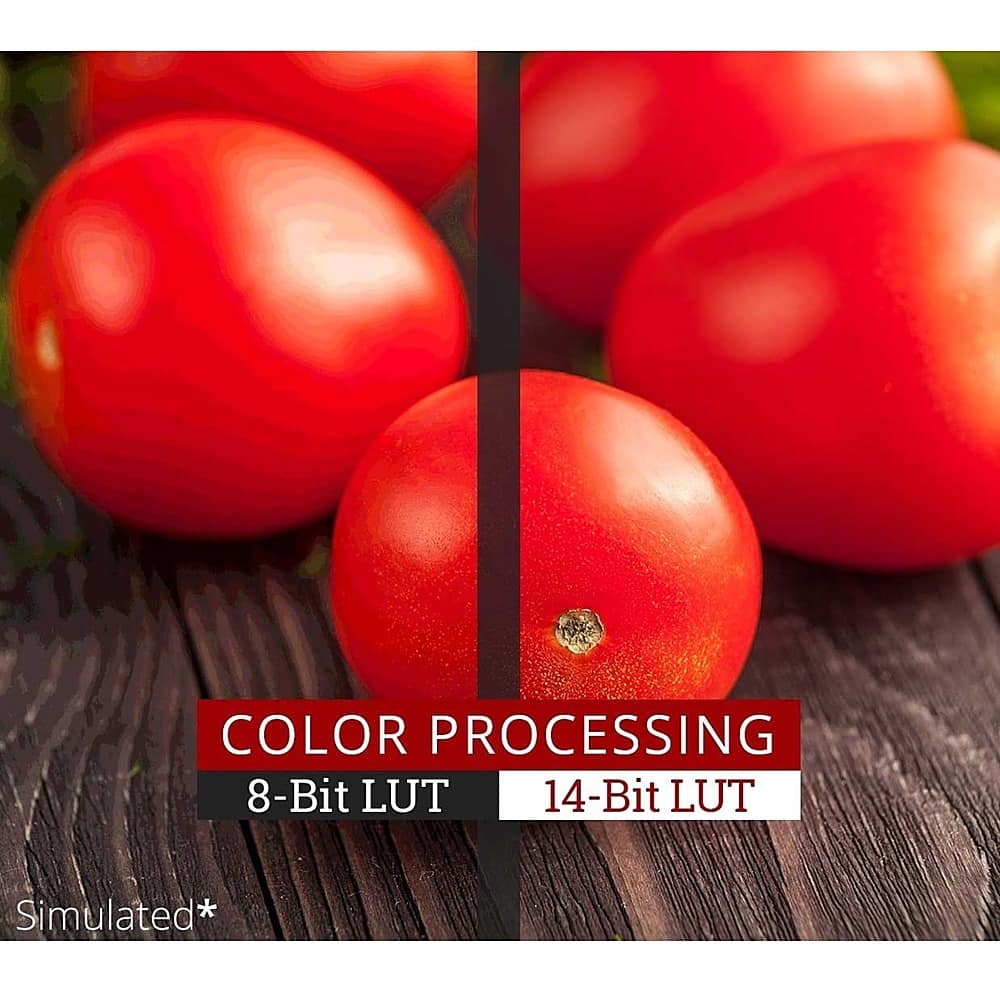 The image features a close-up of a tomato, with several other tomatoes in the background. The main focus is on the color processing of the tomatoes, which is displayed in two different formats: 8-bit LUT and 14-bit LUT. The 8-bit LUT is shown on the left side of the image, while the 14-bit LUT is displayed on the right side. The image is a simulation of the color processing, showcasing the differences between the two formats.