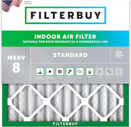 MADE IN THE USA FILTERBUY INDOOR AIR FILTER SUITABLE FOR BOTH RESIDENTIAL & COMMERCIAL USE MERV 8 STANDARD Household Dust Mites Pollen Mold Lint Dander Smoke Dust & Debris & Particles & Smog Bacteria Odors FILTERBUY