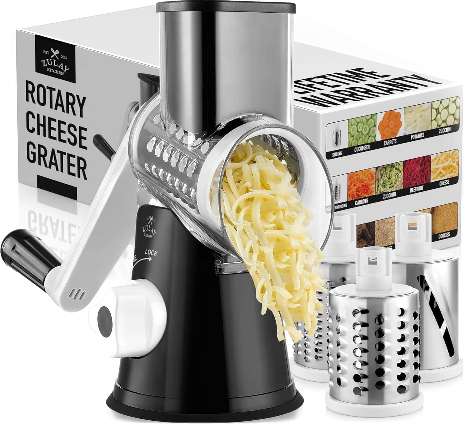 Zulay Kitchen - Rotary Cheese Grater 3 Blade Cheese Shredder with Reinforced Suction & 3 Interchangeable Drums - Black