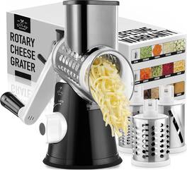 Zulay Kitchen - Rotary Cheese Grater 3 Blade Cheese Shredder with Reinforced Suction & 3 Interchangeable Drums - Black