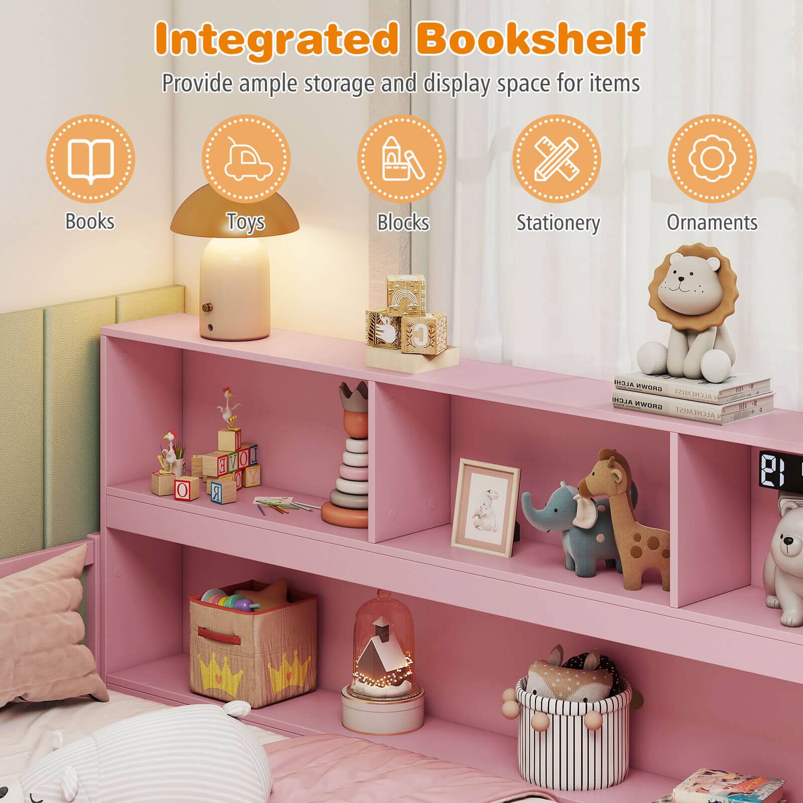 Alt View 7. Costway - Costway Full Size Montessori Floor Bed with Bookcase Storage Shelves & Safety Fence Rails - Pink.