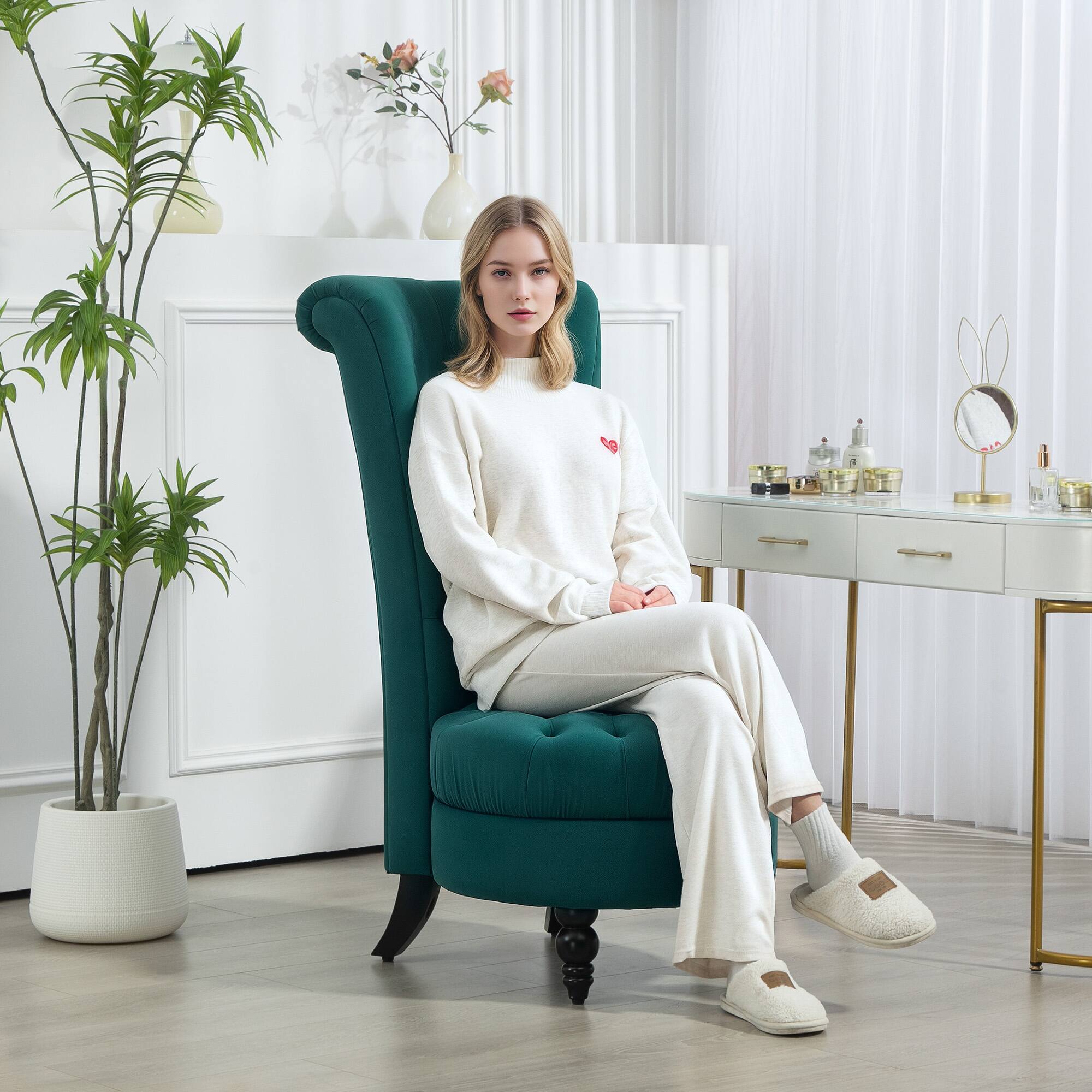 Angle. Homcom - Retro High Back Armless Accent Chair, Fabric Upholstered Tufted Chair for Living Room, Dining Room and Bedroom - Green.