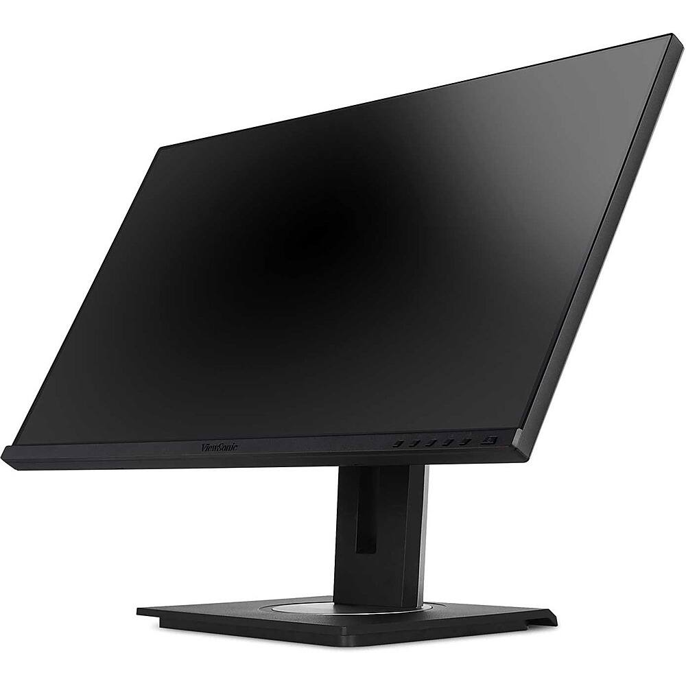 The image features a black computer monitor sitting on a black stand. The monitor is turned off, and the screen is black. The stand is positioned on a white background, which highlights the contrast between the black monitor and stand and the white background. The monitor is likely a part of a computer setup, and the stand provides support and stability for the monitor.
