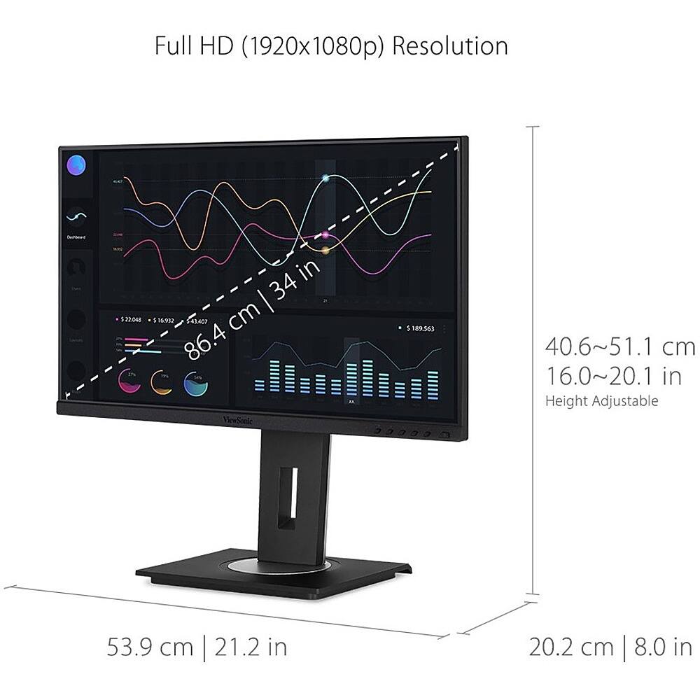 The image features a ViewSonic monitor with a Full HD (1920x1080p) resolution. The monitor measures 34 inches in diagonal length, and its height is adjustable. The dimensions of the monitor are 53.9 cm (21.2 in) in width and 20.2 cm (8.0 in) in height.