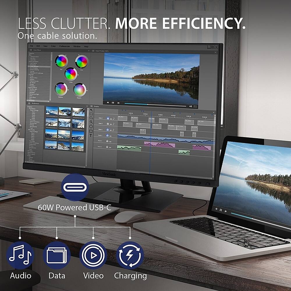 The image features a computer setup with a laptop, a monitor, and a mouse. The laptop is placed on a wooden desk, and the monitor is positioned next to the laptop. The mouse is located on the right side of the laptop. The setup appears to be designed for efficient work, with a single cable solution for power, audio, data, and video charging. The image also highlights the benefits of less clutter and more efficiency in the workspace.