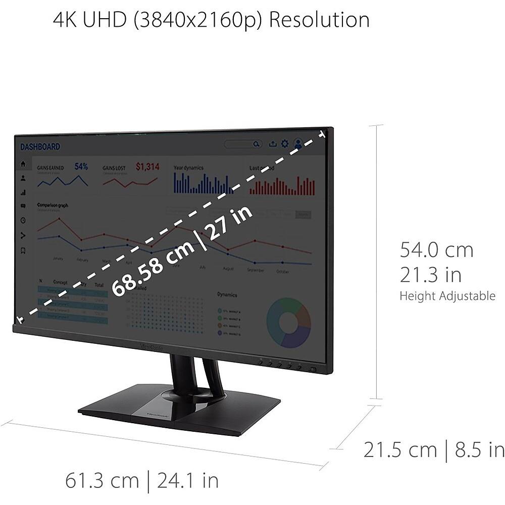 The image features a 4K UHD (3840x2160p) resolution dashboard, which is a large display with a height of 21.5 cm (8.5 in) and a width of 61.3 cm (24.1 in). The display is designed to be height-adjustable, allowing users to customize the viewing angle according to their preferences. The dashboard is part of a computer monitor, which is placed on a stand. The image also shows a comparison of the monitor's size with a ruler, indicating its dimensions.