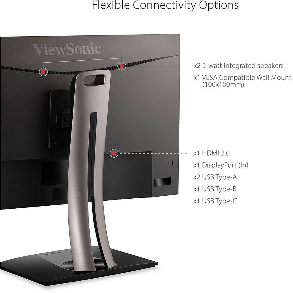 The image features a ViewSonic computer monitor with a flexible stand that allows for various connectivity options. The monitor has integrated 2-watt speakers and is compatible with a VESA mount. It also supports HDMI 2.0, DisplayPort, and multiple USB ports, including Type-A, Type-B, and Type-C. This versatile setup enables users to customize their setup according to their preferences and requirements.