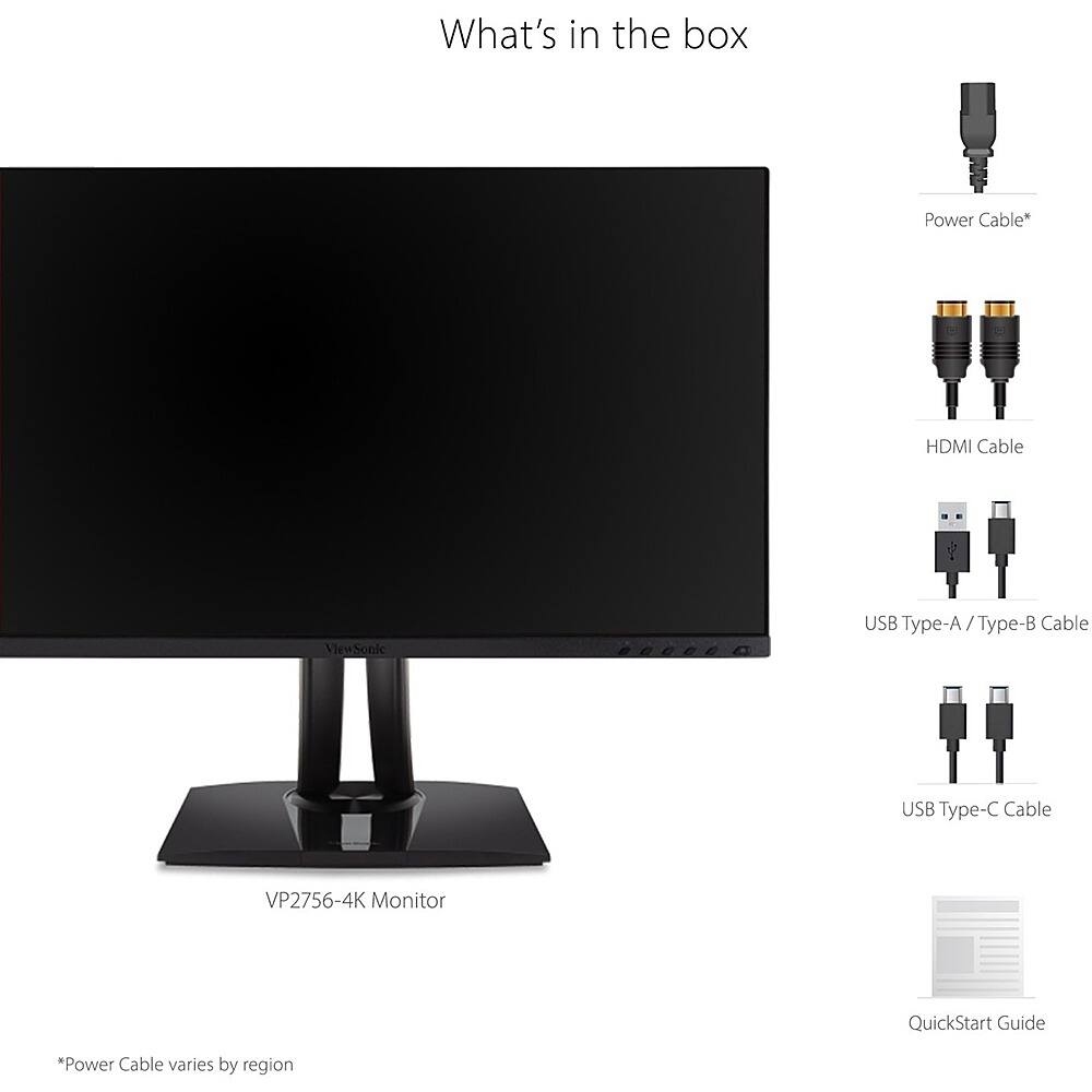 The image features a black computer monitor with a USB Type-C cable and a USB Type-A/Type-B cable. The monitor is accompanied by a QuickStart Guide, and the box also includes a power cable and an HDMI cable. The text on the image highlights the main features of the monitor and its accessories.