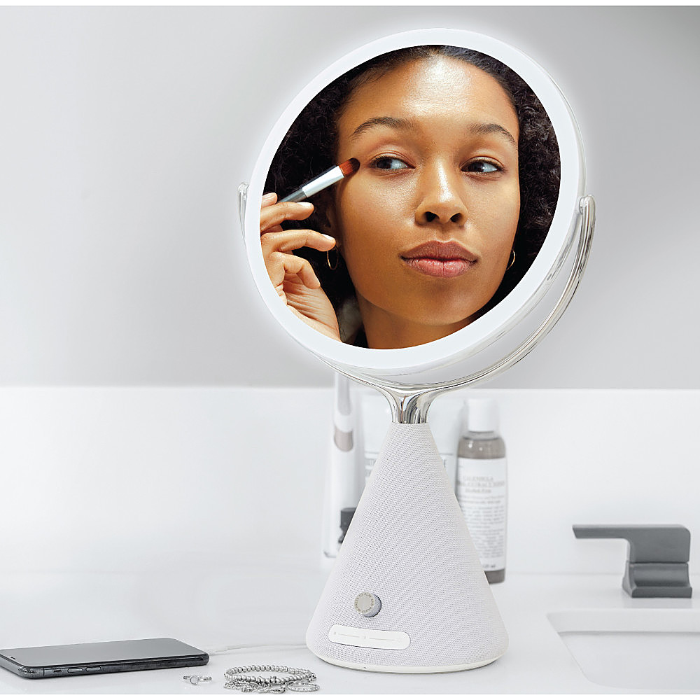 Angle View: Sharper Image - SpaStudio Vanity Sound, 9-Inch LED Mirror with Built-In Speaker - White