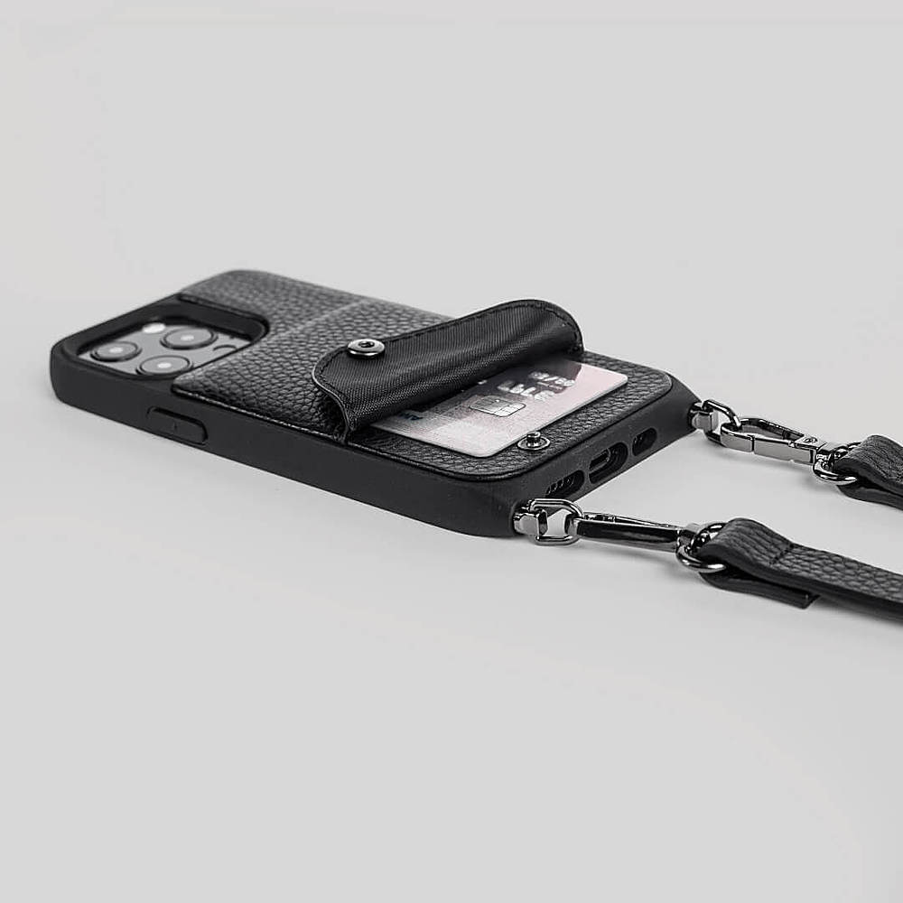 Left View: Noémie - Wallet & Crossbody Strap Case for iPhone 13 Pro Max & iPhone 12 Pro Max - Black/Black