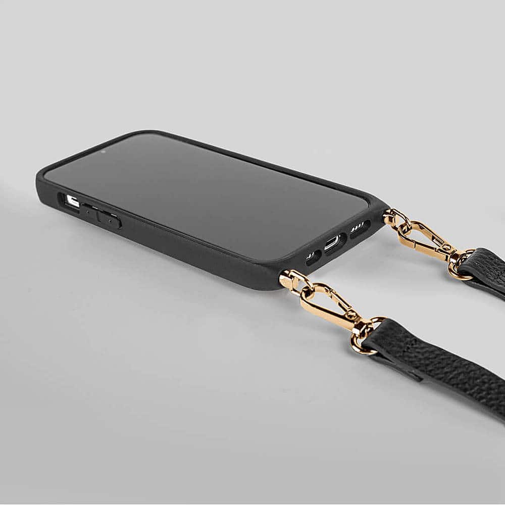 Angle. Noémie - Wallet & Crossbody Strap Case for iPhone 13 Pro Max & iPhone 12 Pro Max - Black/Gold.