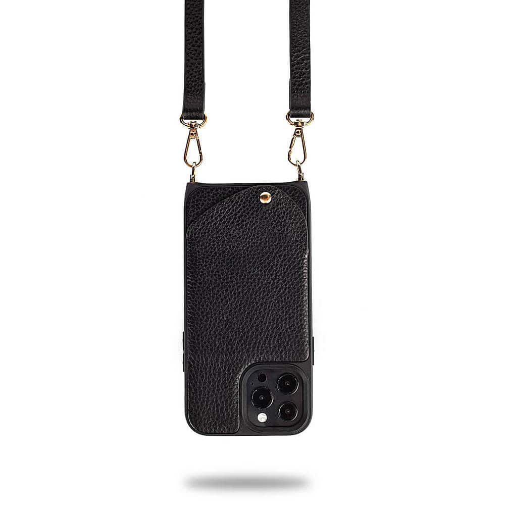 Front. Noémie - Wallet & Crossbody Strap Case for iPhone 13 Pro Max & iPhone 12 Pro Max - Black/Gold.