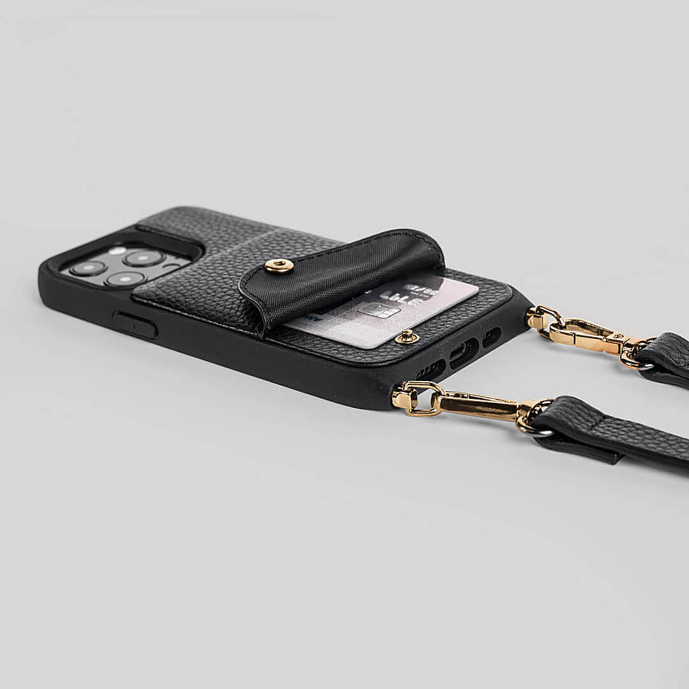Left View: Noémie - Wallet & Crossbody Strap Case for iPhone 13 Pro - Black/Gold