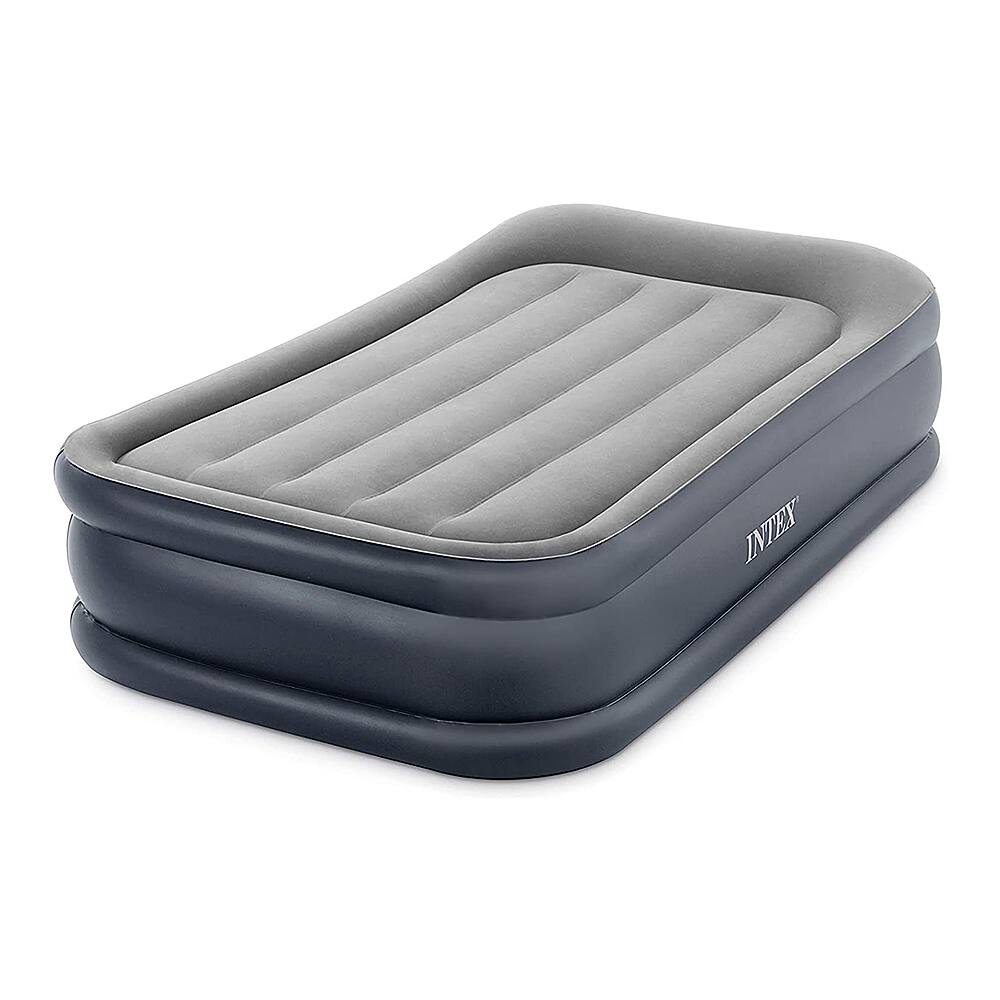 Left. Intex - Pillow Raised Airbed Mattress with Built In Pump - Gray.