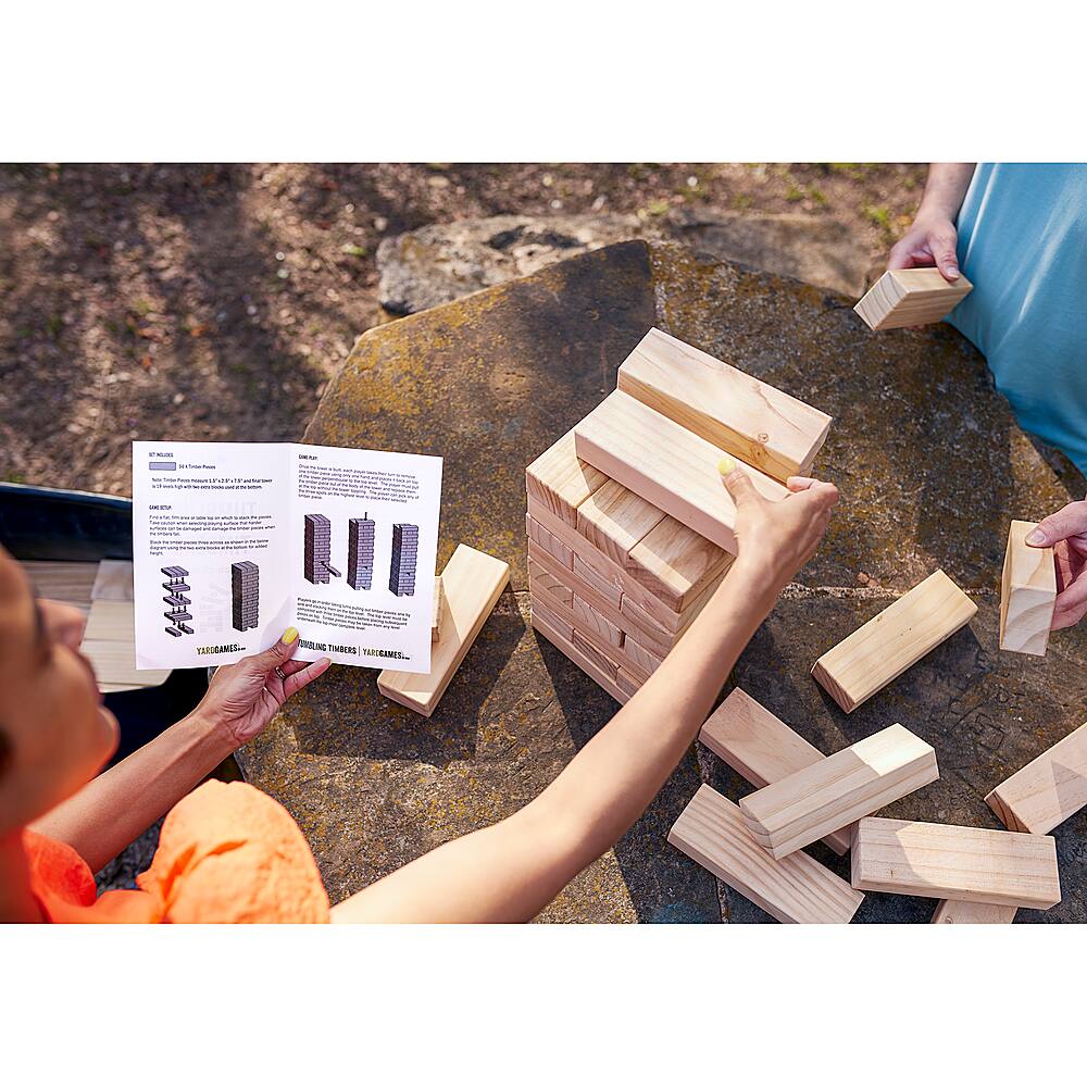 Angle. YardGames - Giant Tumbling Timbers Wood Stacking Game with 56 Natural Pine Blocks - Brown.
